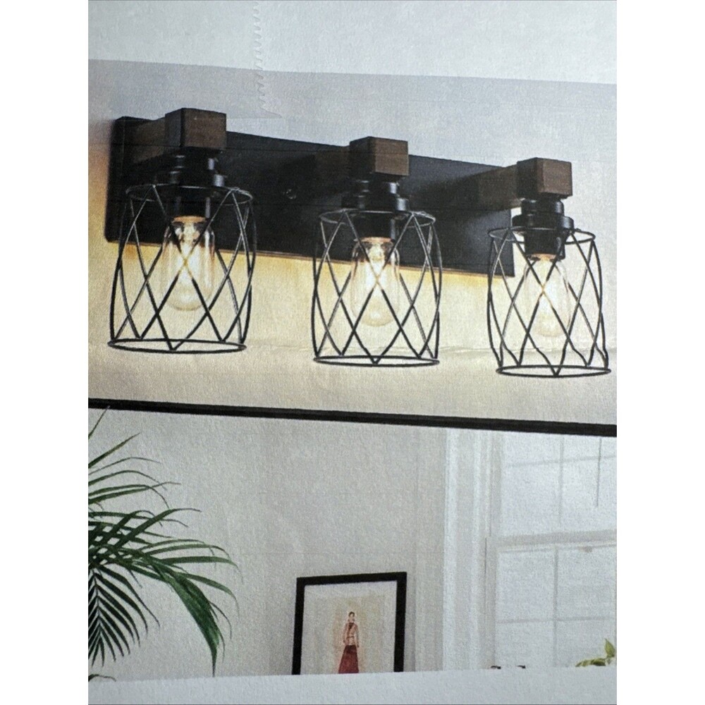 3-Light Farmhouse Vanity Light Wood Bathroom Fixtures Over Mirror Cage Shade